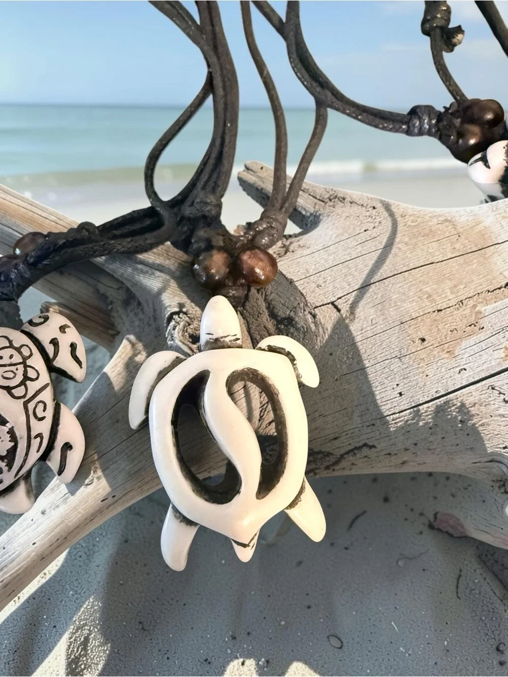 Handmade Turtle Pendant Necklace in Black Cord - Beach Boho Jewelry